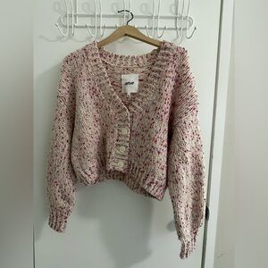 Aerie Cream and Pink Speckled Button-Up Cropped Cardigan